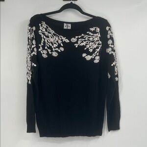 Rain + Rose Black Knit Sweater with White Floral Embroidery Medium